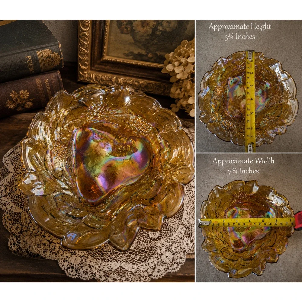 Vintage Iridescent Amber Carnival Glass Grape & Leaf Ruffled Bowl 7.75
